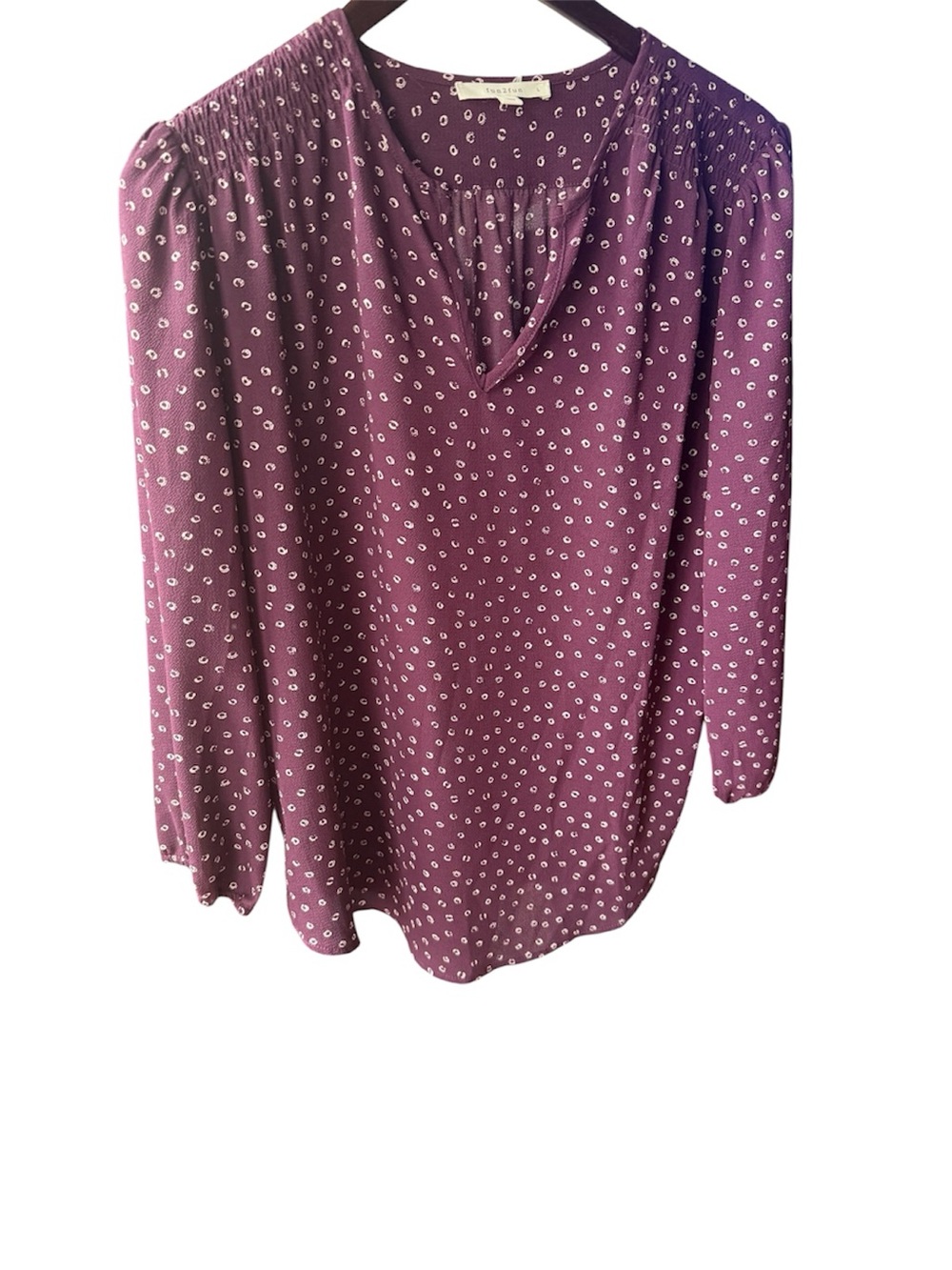 Fun 2 Fun Burgundy Polka Dot Lillian V Neck Blouse Long Sleeve Polyester Spandex